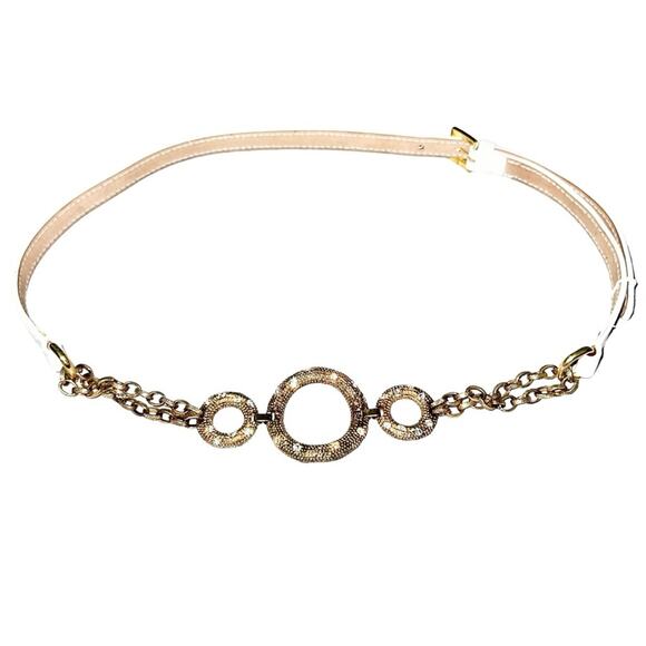 VTG Dolce & Gabbana White Leather Gold Rhinestone O-Ring Chain Glam Belt